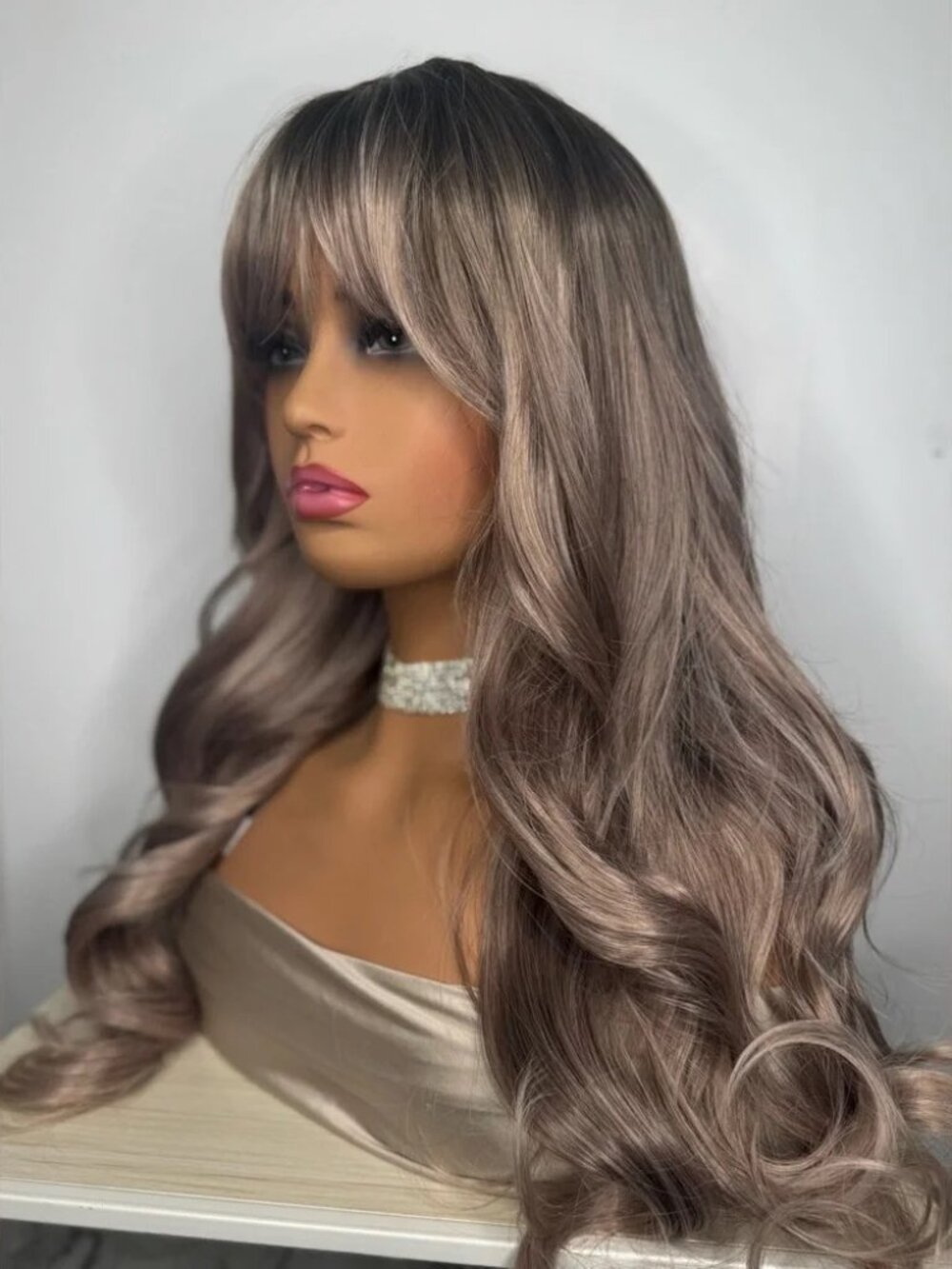 26” Long Wavy Synthetic Wig with Bangs – Ash Brown / Smoky Blonde Blend - Picture 3 of 13